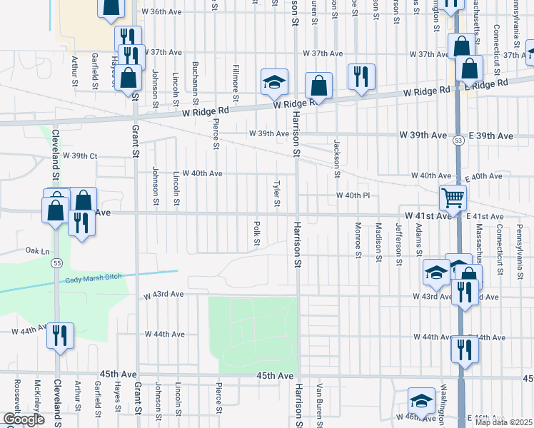 map of restaurants, bars, coffee shops, grocery stores, and more near 953 West 41st Avenue in Gary