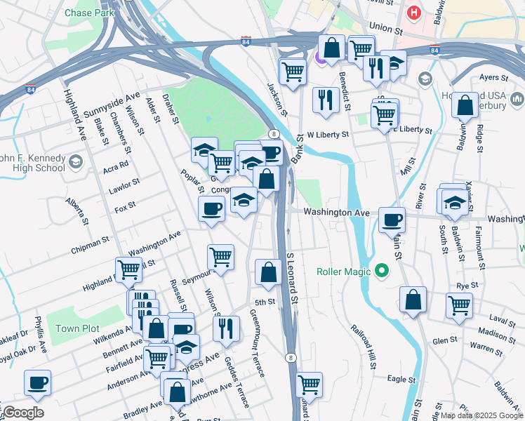 map of restaurants, bars, coffee shops, grocery stores, and more near 302 Washington Avenue in Waterbury