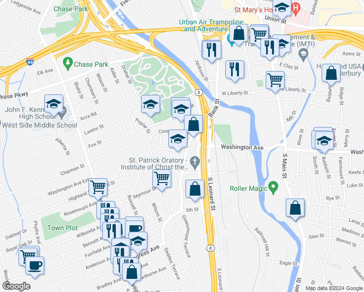 map of restaurants, bars, coffee shops, grocery stores, and more near 360 Washington Avenue in Waterbury