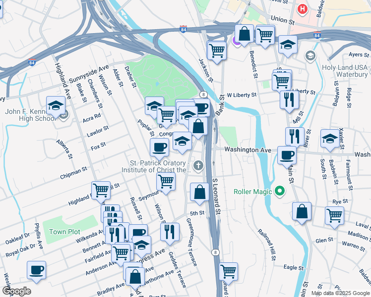 map of restaurants, bars, coffee shops, grocery stores, and more near 360 Washington Avenue in Waterbury