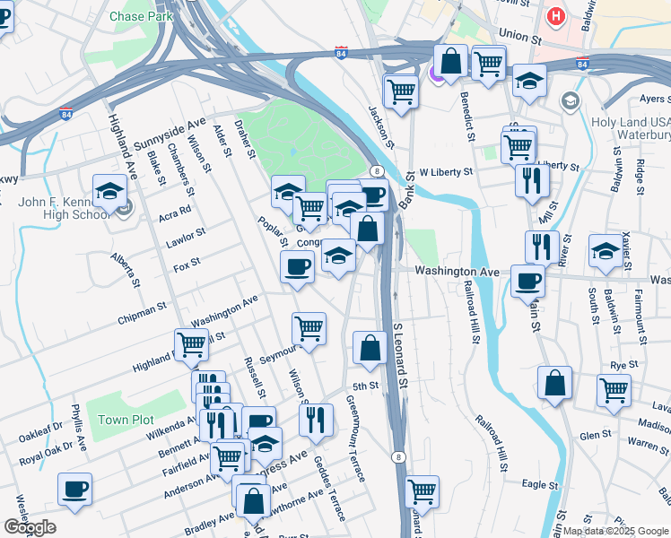 map of restaurants, bars, coffee shops, grocery stores, and more near 360 Washington Avenue in Waterbury