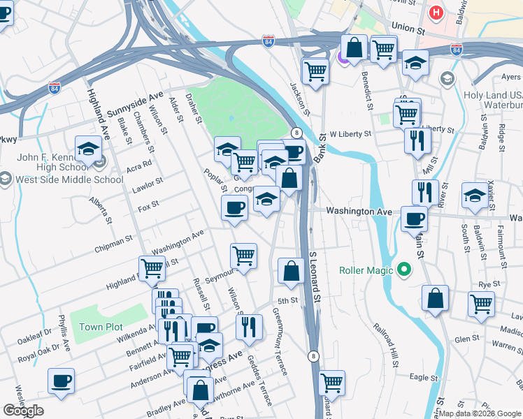 map of restaurants, bars, coffee shops, grocery stores, and more near 360 Washington Avenue in Waterbury