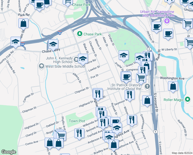 map of restaurants, bars, coffee shops, grocery stores, and more near 87 Fox Street in Waterbury