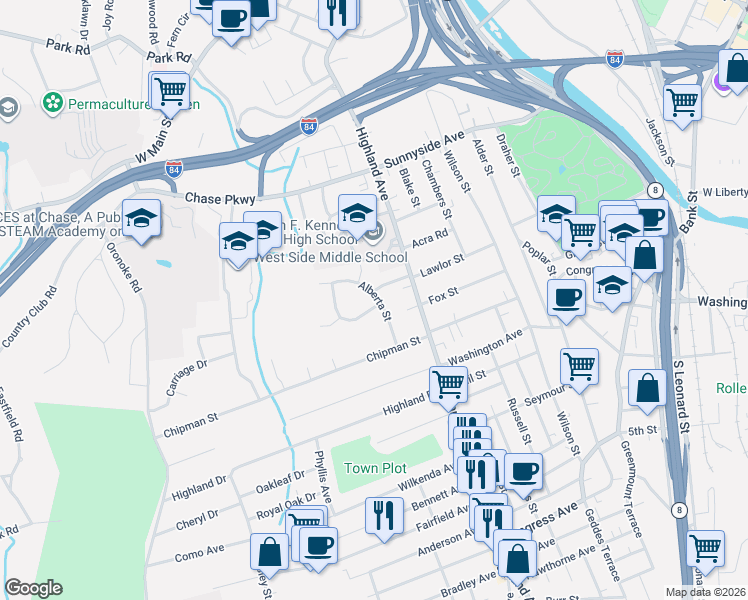 map of restaurants, bars, coffee shops, grocery stores, and more near 16 Tree Hill Road in Waterbury