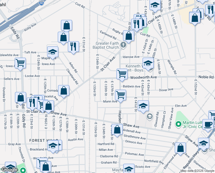 map of restaurants, bars, coffee shops, grocery stores, and more near 1256 East 137th Street in East Cleveland