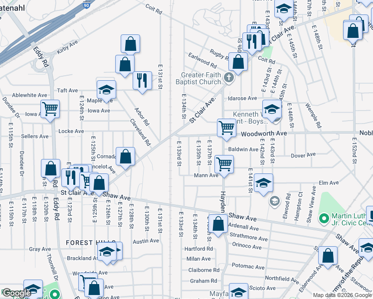 map of restaurants, bars, coffee shops, grocery stores, and more near 1257 East 134th Street in East Cleveland