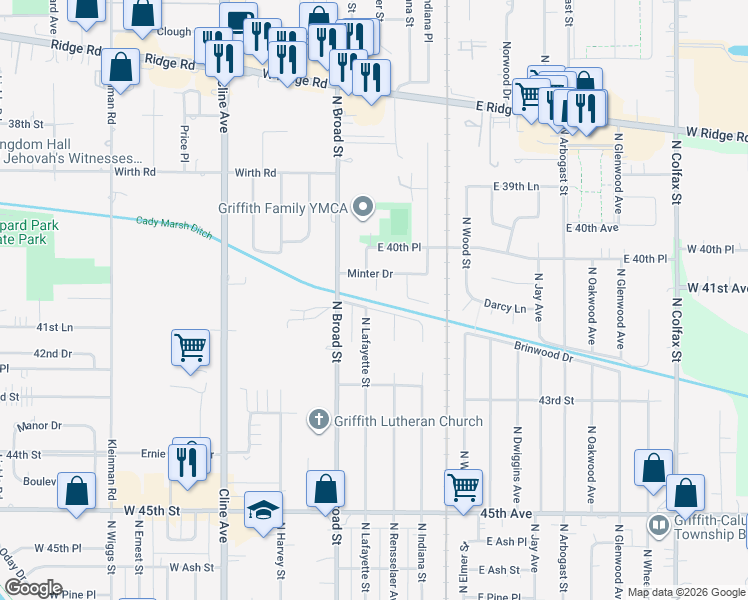 map of restaurants, bars, coffee shops, grocery stores, and more near 1242 North Lafayette Court in Griffith