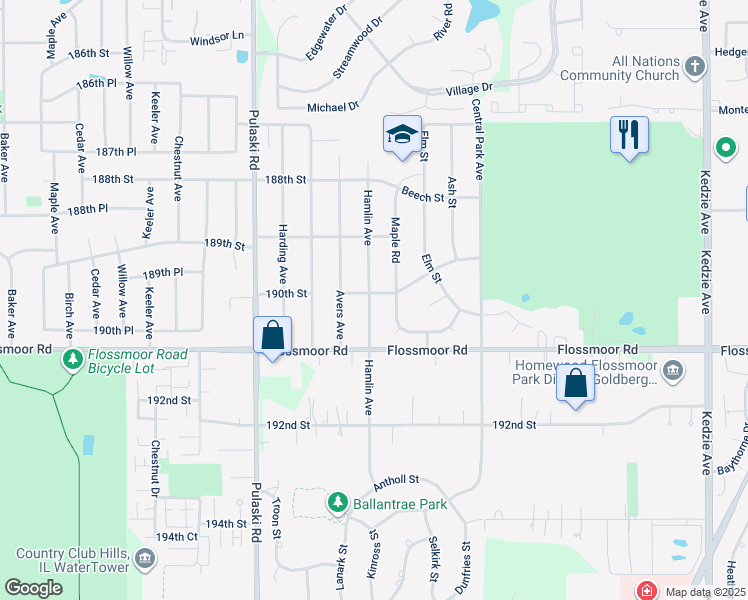 map of restaurants, bars, coffee shops, grocery stores, and more near 3752 Cherry Hills Drive in Flossmoor