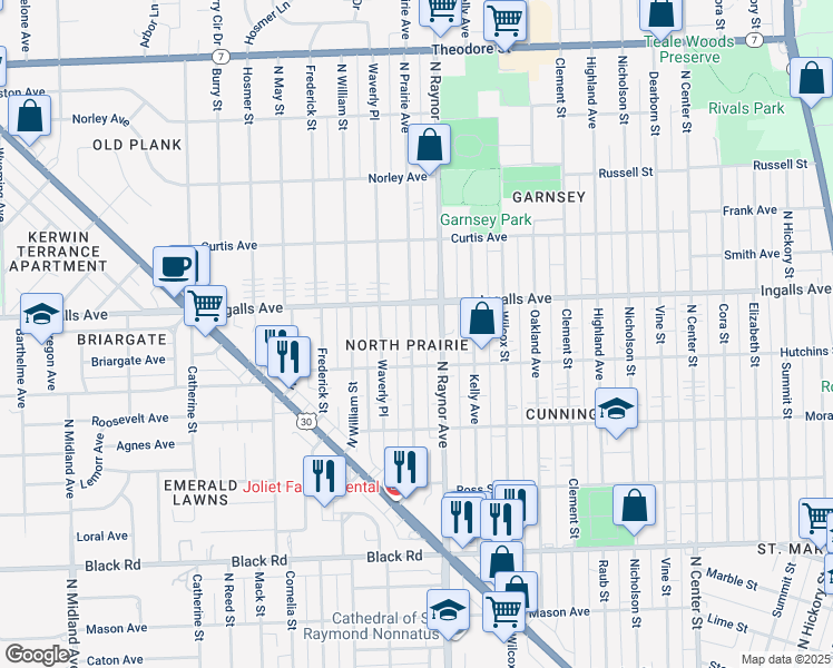 map of restaurants, bars, coffee shops, grocery stores, and more near 1114 North Prairie Avenue in Joliet