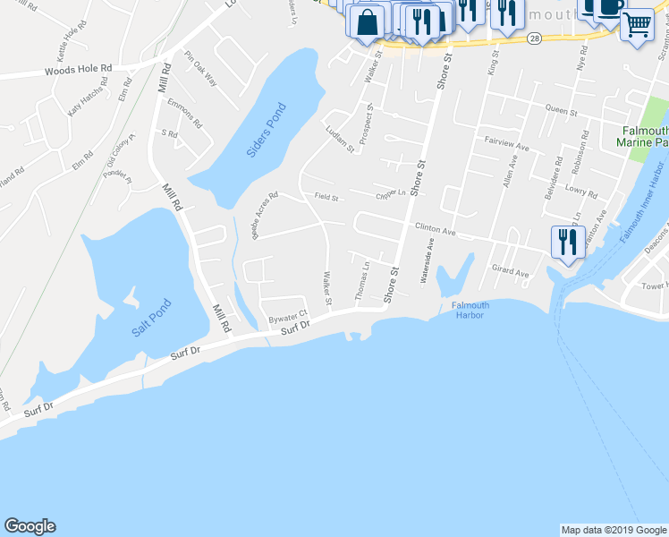 map of restaurants, bars, coffee shops, grocery stores, and more near 336 Walker Street in Falmouth