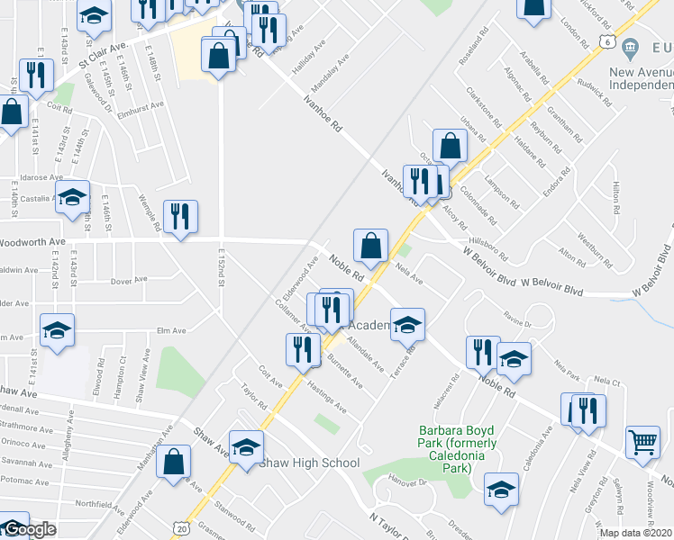 map of restaurants, bars, coffee shops, grocery stores, and more near 1744 Noble Rd in East Cleveland