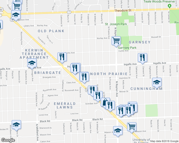 map of restaurants, bars, coffee shops, grocery stores, and more near 1115 Frederick Street in Joliet