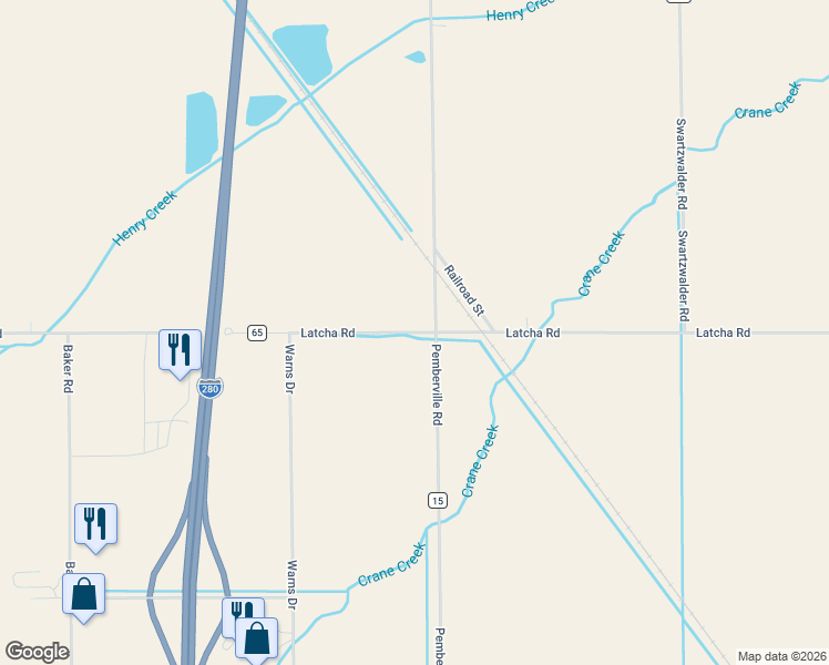 map of restaurants, bars, coffee shops, grocery stores, and more near Township Highway 65 in Millbury