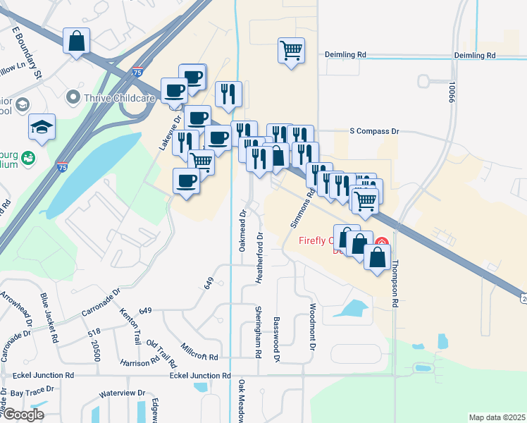 map of restaurants, bars, coffee shops, grocery stores, and more near 27008 Heatherford Drive in Perrysburg
