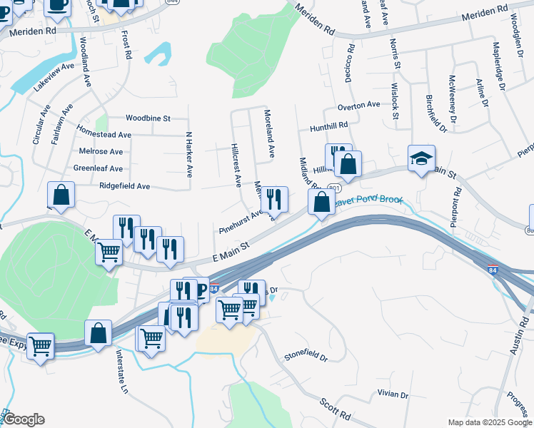 map of restaurants, bars, coffee shops, grocery stores, and more near 31 Meriline Avenue in Waterbury