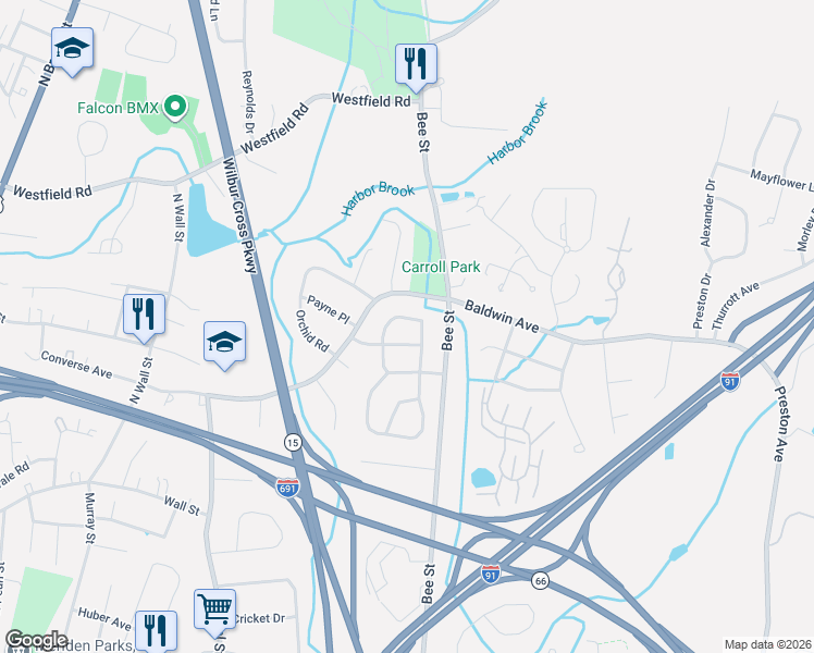 map of restaurants, bars, coffee shops, grocery stores, and more near 123 Round Hill Road in Meriden