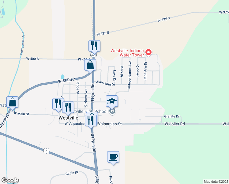 map of restaurants, bars, coffee shops, grocery stores, and more near 300 East Jefferson Street in Westville