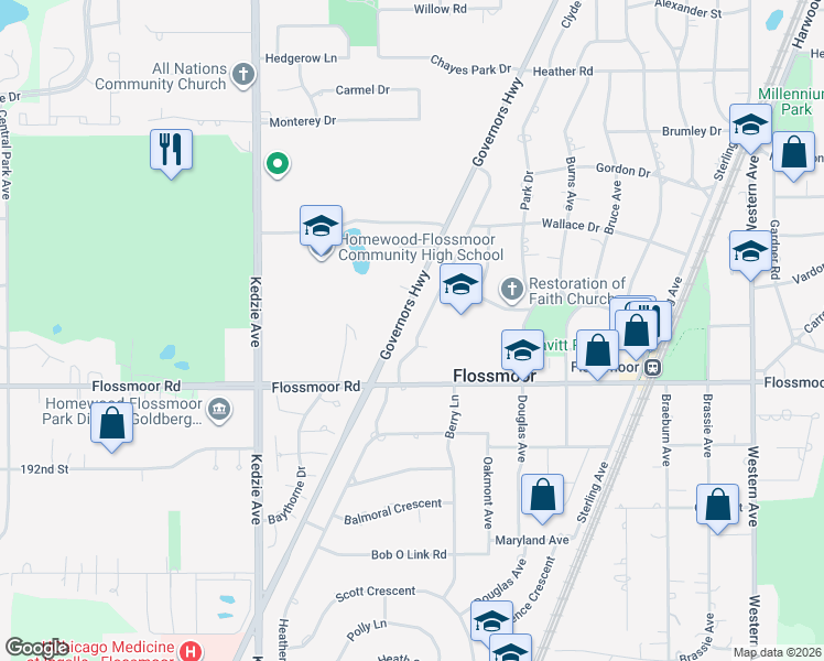 map of restaurants, bars, coffee shops, grocery stores, and more near 1008 Braemar Road in Flossmoor