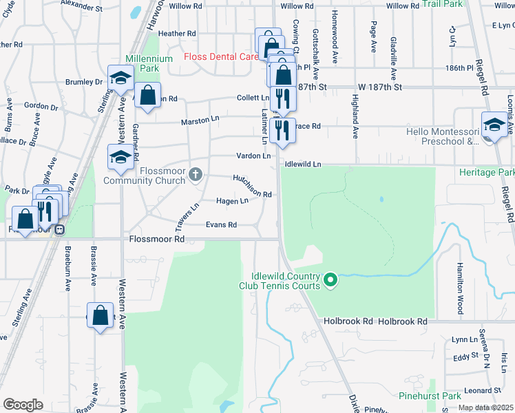 map of restaurants, bars, coffee shops, grocery stores, and more near 1012 Evans Road in Flossmoor