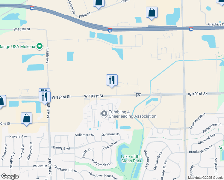 map of restaurants, bars, coffee shops, grocery stores, and more near 8500 West 191st Street in Mokena