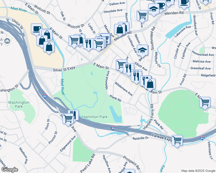 map of restaurants, bars, coffee shops, grocery stores, and more near 75 Idylwood Avenue in Waterbury