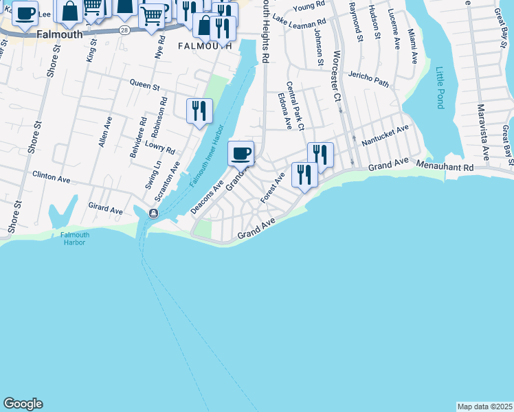 map of restaurants, bars, coffee shops, grocery stores, and more near 10 Crown Avenue in Falmouth