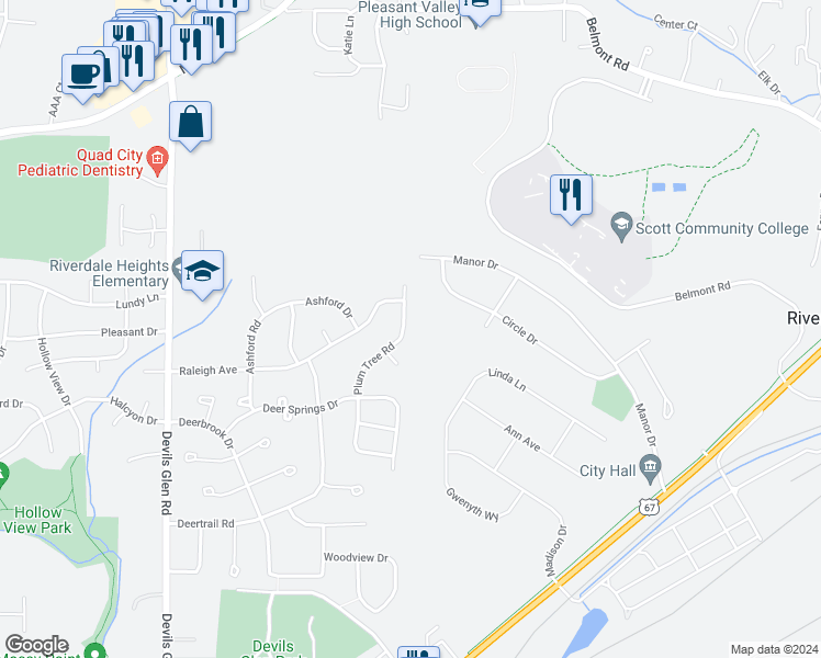 map of restaurants, bars, coffee shops, grocery stores, and more near 2075 Plum Tree Road in Bettendorf