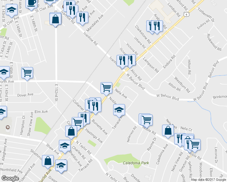 map of restaurants, bars, coffee shops, grocery stores, and more near 16160 Euclid Avenue in East Cleveland
