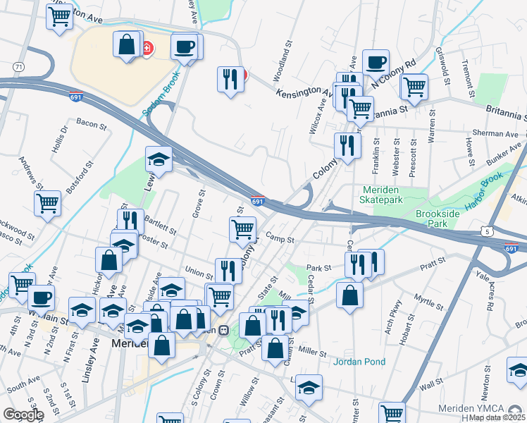 map of restaurants, bars, coffee shops, grocery stores, and more near 220 Colony Street in Meriden