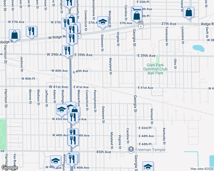 map of restaurants, bars, coffee shops, grocery stores, and more near 4095 Delaware Street in Gary