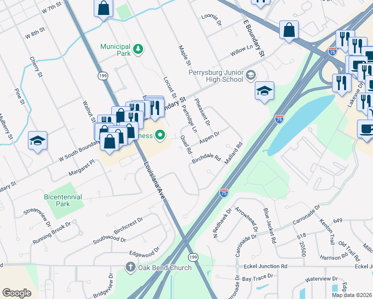 map of restaurants, bars, coffee shops, grocery stores, and more near 203 Quail Road in Perrysburg