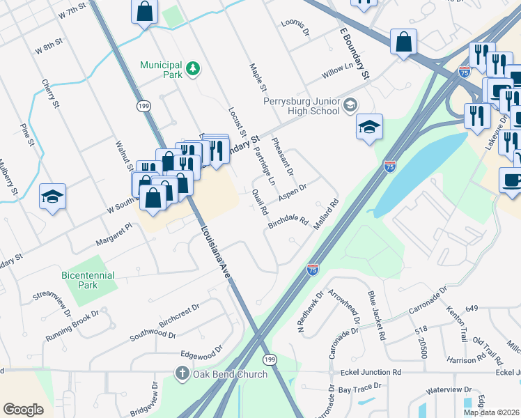 map of restaurants, bars, coffee shops, grocery stores, and more near 160 Quail Road in Perrysburg