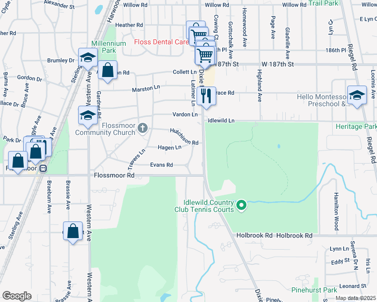 map of restaurants, bars, coffee shops, grocery stores, and more near 1012 Evans Road in Flossmoor