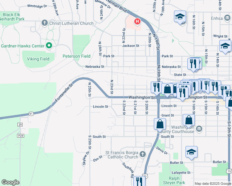 map of restaurants, bars, coffee shops, grocery stores, and more near 2232 Washington Street in Blair