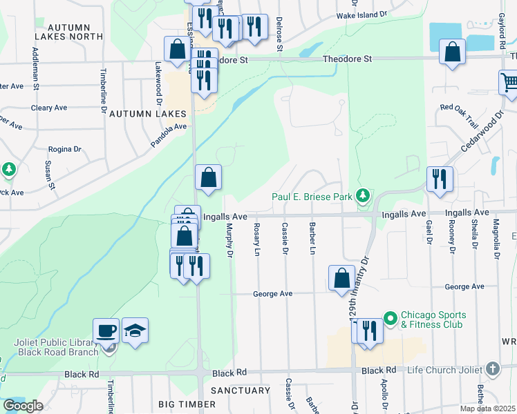 map of restaurants, bars, coffee shops, grocery stores, and more near 3111 Ingalls Avenue in Joliet