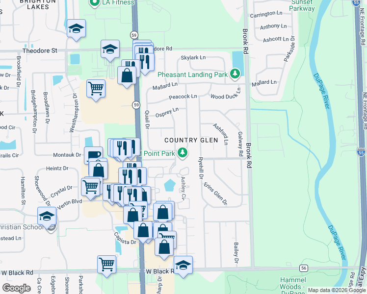 map of restaurants, bars, coffee shops, grocery stores, and more near 4605 Bluejay Lane in Plainfield