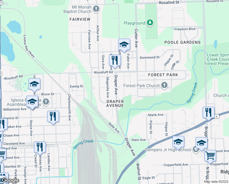 map of restaurants, bars, coffee shops, grocery stores, and more near 1015 Draper Avenue in Joliet