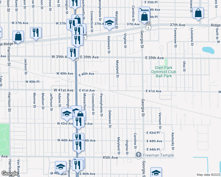 map of restaurants, bars, coffee shops, grocery stores, and more near 4095 Delaware Street in Gary