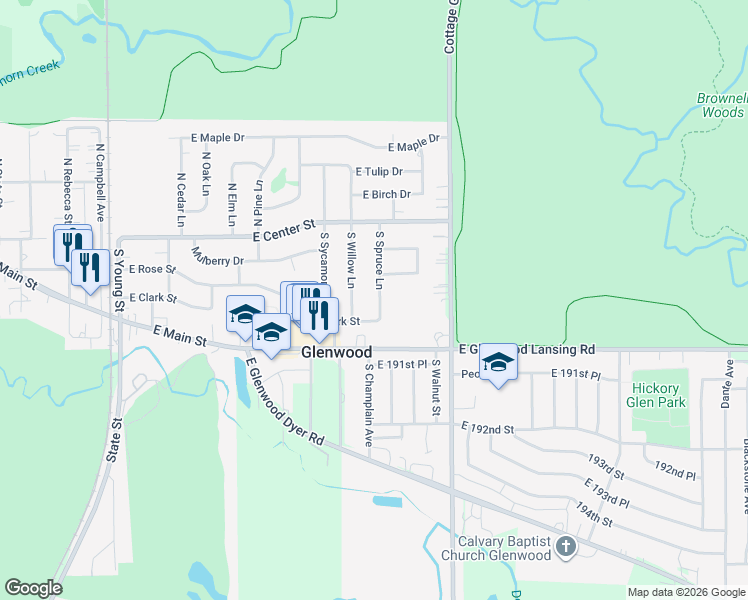 map of restaurants, bars, coffee shops, grocery stores, and more near 108 South Spruce Lane in Glenwood
