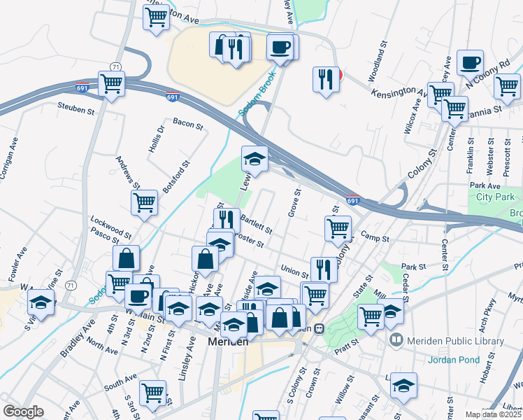map of restaurants, bars, coffee shops, grocery stores, and more near 2 James Street in Meriden