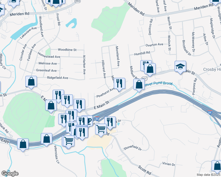 map of restaurants, bars, coffee shops, grocery stores, and more near 31 Meriline Avenue in Waterbury
