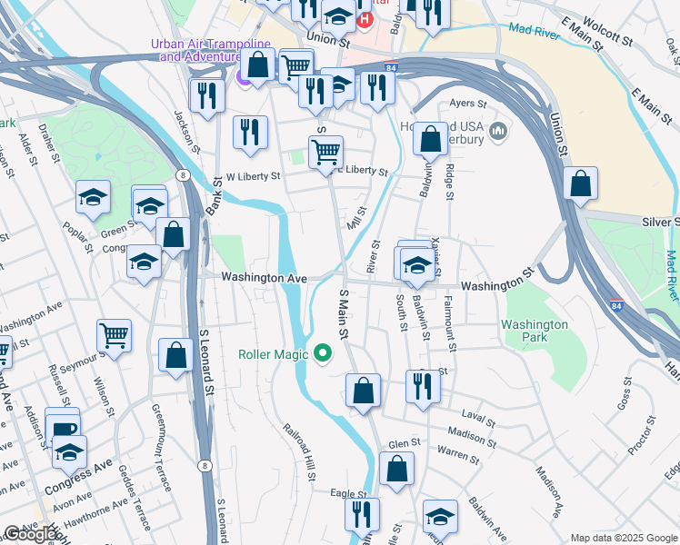 map of restaurants, bars, coffee shops, grocery stores, and more near 952 South Main Street in Waterbury