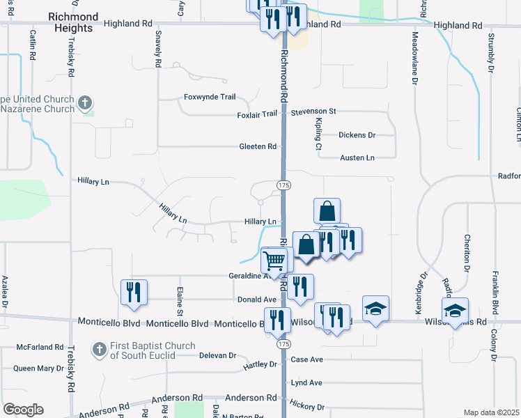 map of restaurants, bars, coffee shops, grocery stores, and more near in Richmond Heights
