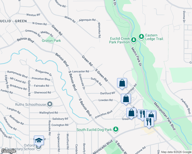 map of restaurants, bars, coffee shops, grocery stores, and more near 4025 Suffolk Road in South Euclid