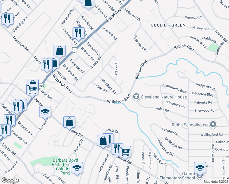 map of restaurants, bars, coffee shops, grocery stores, and more near 2146 Westburn Road in East Cleveland