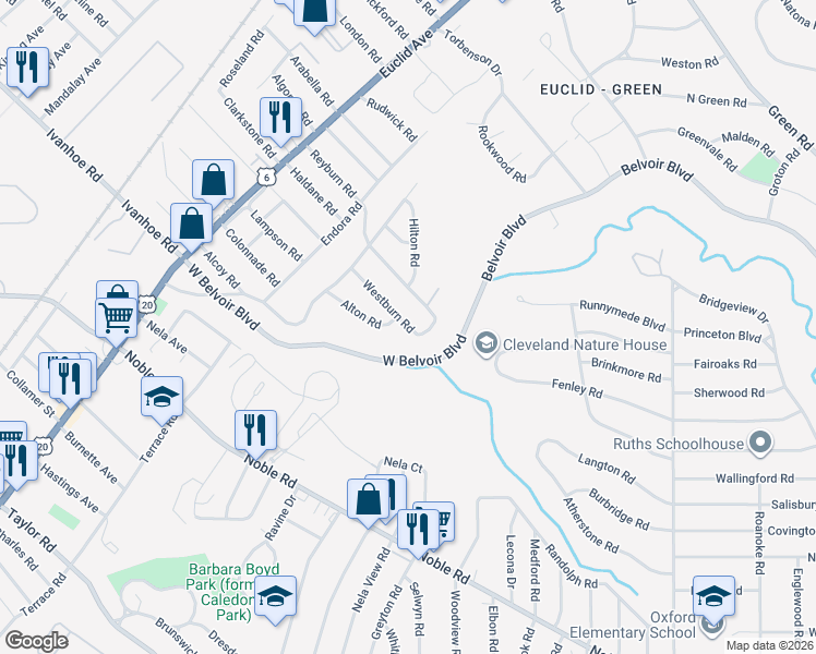 map of restaurants, bars, coffee shops, grocery stores, and more near 2146 Westburn Road in East Cleveland