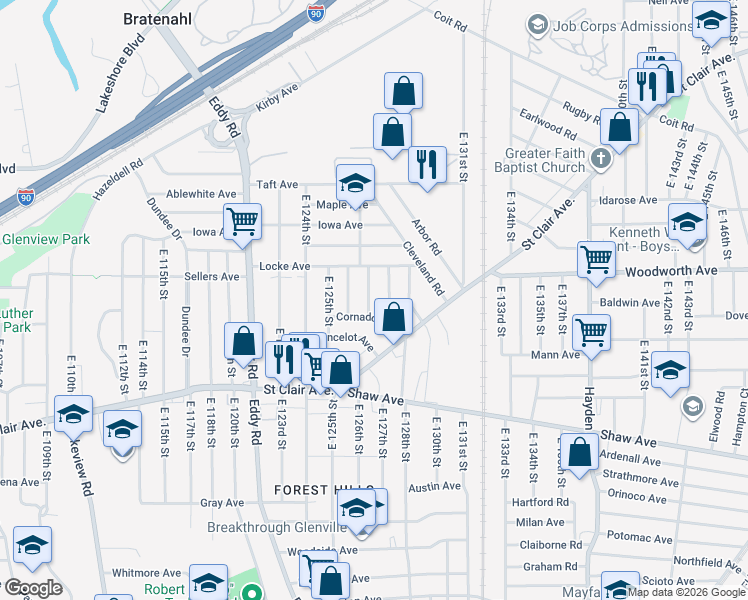 map of restaurants, bars, coffee shops, grocery stores, and more near 506 East 128th Street in Cleveland