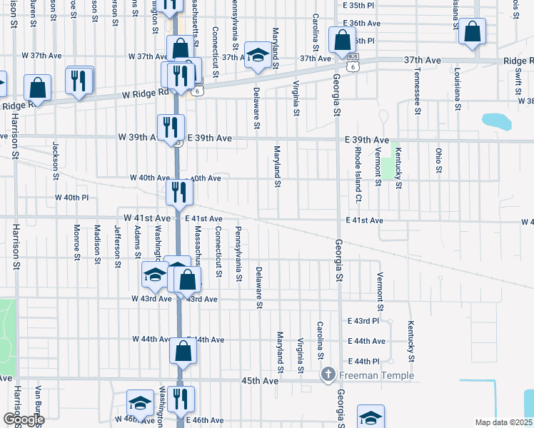map of restaurants, bars, coffee shops, grocery stores, and more near 4095 Delaware Street in Gary