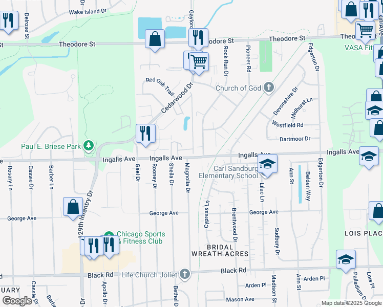 map of restaurants, bars, coffee shops, grocery stores, and more near 1131 Elizabeth Court in Crest Hill