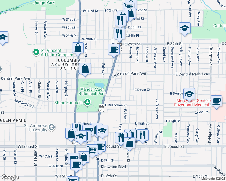 map of restaurants, bars, coffee shops, grocery stores, and more near 208-212 East Denison Avenue in Davenport